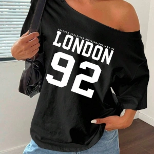 Kayık Yaka 76 Baskılı Oversize %100 Pamuk