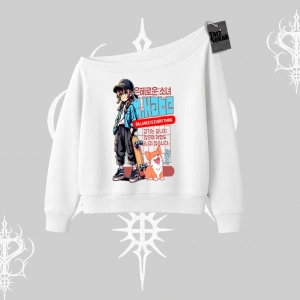 Kayık Yaka Sweatshirt Anime Hiker Girl Balance Is Everything Baskılı