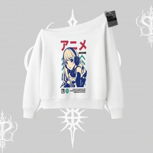 Kayık Yaka Sweatshirt Anime Kız Desenli Japon Tarzı