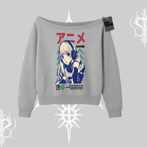 Kayık Yaka Sweatshirt Anime Kız Desenli Japon Tarzı