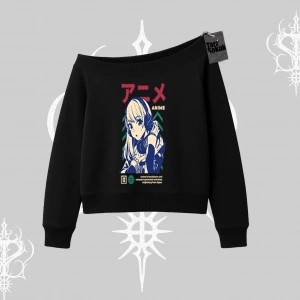 Kayık Yaka Sweatshirt Anime Kız Desenli Japon Tarzı