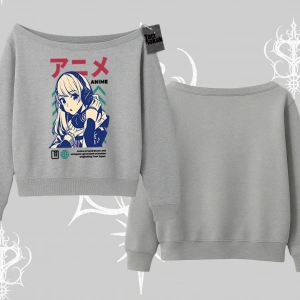 Kayık Yaka Sweatshirt Anime Kız Desenli Japon Tarzı