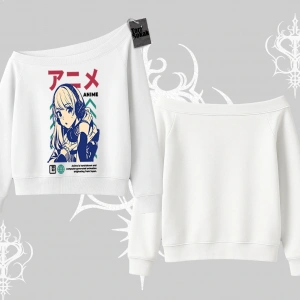 Kayık Yaka Sweatshirt Anime Kız Desenli Japon Tarzı