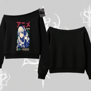 Kayık Yaka Sweatshirt Anime Kız Desenli Japon Tarzı