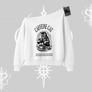 Kayık Yaka Sweatshirt Caffeine Cat Kahve Temalı Kedi Baskılı
