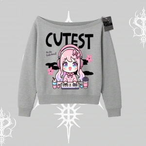 Kayık Yaka Sweatshirt Cute Anime Gamer Girl Baskılı