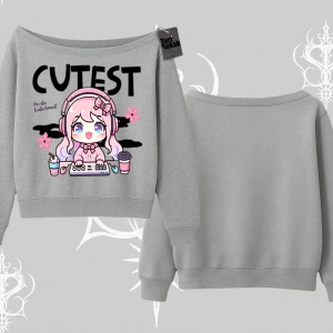 Kayık Yaka Sweatshirt Cute Anime Gamer Girl Baskılı