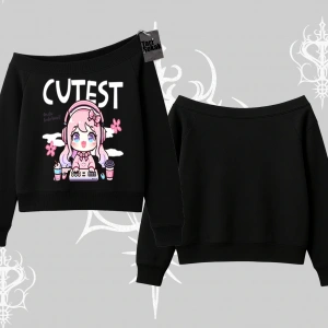 Kayık Yaka Sweatshirt Cute Anime Gamer Girl Baskılı