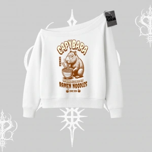 Kayık Yaka Sweatshirt Cute Capybara Enjoying Ramen Noodles Artwork
