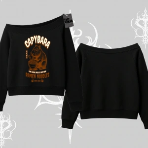 Kayık Yaka Sweatshirt Cute Capybara Enjoying Ramen Noodles Artwork