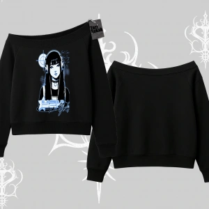Kayık Yaka Sweatshirt Cyber Y2K Anime Girl Street Sound Aesthetic