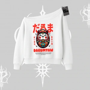Kayık Yaka Sweatshirt Daruma Kedi Anime Baskılı