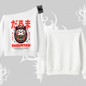 Kayık Yaka Sweatshirt Daruma Kedi Anime Baskılı