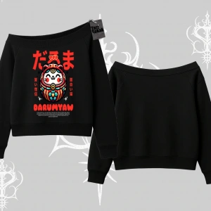 Kayık Yaka Sweatshirt Daruma Kedi Anime Baskılı