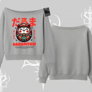 Kayık Yaka Sweatshirt Daruma Kedi Anime Baskılı