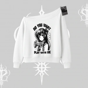 Kayık Yaka Sweatshirt Do You Want Play With Me Anime Kız Baskılı