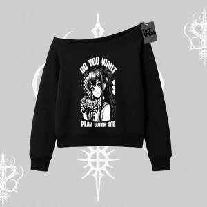 Kayık Yaka Sweatshirt Do You Want Play With Me Anime Kız Baskılı