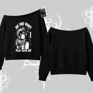 Kayık Yaka Sweatshirt Do You Want Play With Me Anime Kız Baskılı