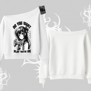 Kayık Yaka Sweatshirt Do You Want Play With Me Anime Kız Baskılı