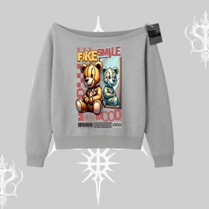 Kayık Yaka Sweatshirt Fake Smile Mood Ayıcık Grafik Baskılı