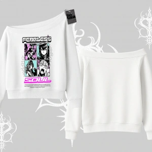 Kayık Yaka Sweatshirt Fearless Soul Anime Kolaj Baskılı