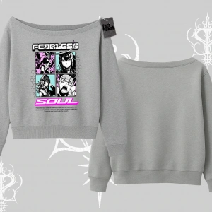 Kayık Yaka Sweatshirt Fearless Soul Anime Kolaj Baskılı