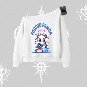 Kayık Yaka Sweatshirt Foodie Panda Tatlı ve Sevimli Panda Baskılı
