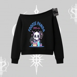 Kayık Yaka Sweatshirt Foodie Panda Tatlı ve Sevimli Panda Baskılı