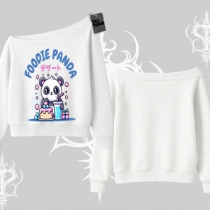 Kayık Yaka Sweatshirt Foodie Panda Tatlı ve Sevimli Panda Baskılı