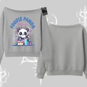 Kayık Yaka Sweatshirt Foodie Panda Tatlı ve Sevimli Panda Baskılı