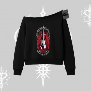Kayık Yaka Sweatshirt Hard Rock Winged Guitar Rebellion