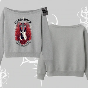Kayık Yaka Sweatshirt Hard Rock Winged Guitar Rebellion