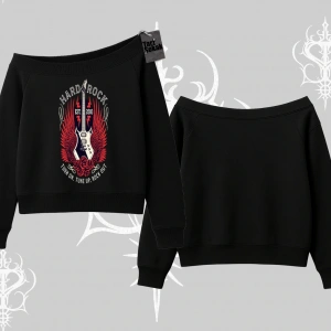 Kayık Yaka Sweatshirt Hard Rock Winged Guitar Rebellion