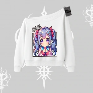 Kayık Yaka Sweatshirt Hello Anime Kız Sevimli Karakter Baskılı