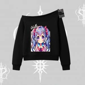 Kayık Yaka Sweatshirt Hello Anime Kız Sevimli Karakter Baskılı