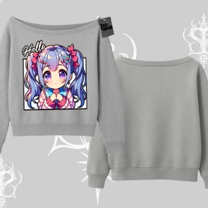 Kayık Yaka Sweatshirt Hello Anime Kız Sevimli Karakter Baskılı