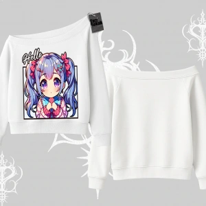 Kayık Yaka Sweatshirt Hello Anime Kız Sevimli Karakter Baskılı