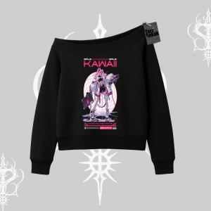 Kayık Yaka Sweatshirt Kawaii Cyberpunk Kız Japon Stil Baskı