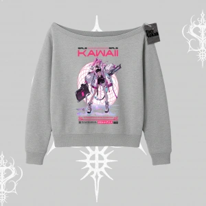 Kayık Yaka Sweatshirt Kawaii Cyberpunk Kız Japon Stil Baskı
