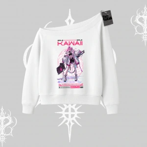 Kayık Yaka Sweatshirt Kawaii Cyberpunk Kız Japon Stil Baskı