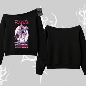 Kayık Yaka Sweatshirt Kawaii Cyberpunk Kız Japon Stil Baskı