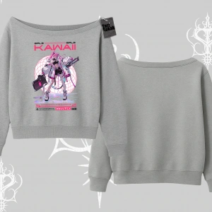 Kayık Yaka Sweatshirt Kawaii Cyberpunk Kız Japon Stil Baskı