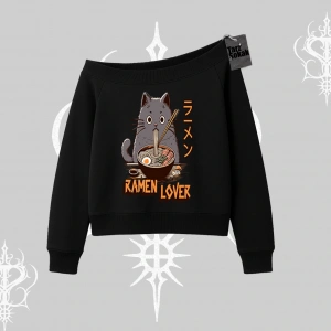 Kayık Yaka Sweatshirt Ramen Lover Kedi Anime Baskılı
