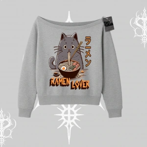 Kayık Yaka Sweatshirt Ramen Lover Kedi Anime Baskılı