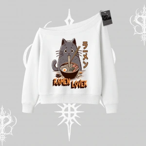 Kayık Yaka Sweatshirt Ramen Lover Kedi Anime Baskılı
