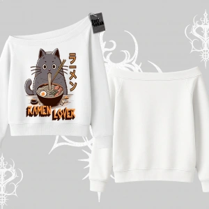 Kayık Yaka Sweatshirt Ramen Lover Kedi Anime Baskılı