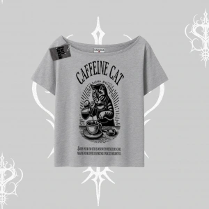 Kayık Yaka Tshirt Caffeine Cat Kahve Temalı Kedi Baskılı