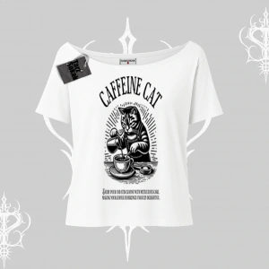 Kayık Yaka Tshirt Caffeine Cat Kahve Temalı Kedi Baskılı