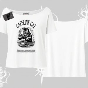 Kayık Yaka Tshirt Caffeine Cat Kahve Temalı Kedi Baskılı