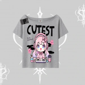 Kayık Yaka Tshirt Cute Anime Gamer Girl Baskılı